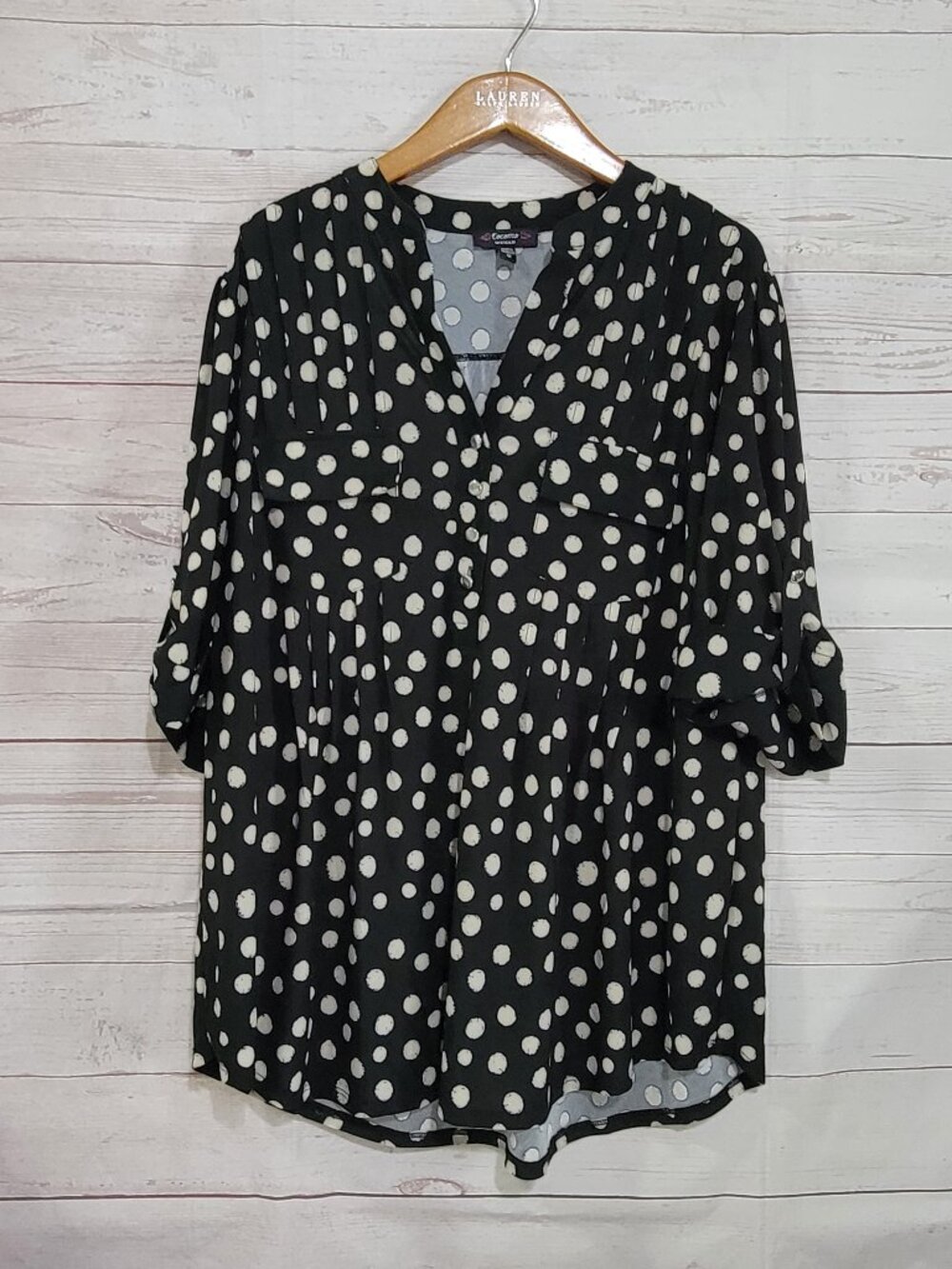 Cocomo Woman Tunic Top Womens 1X Black Beige Spots Slinky Knit Flowy Mature
